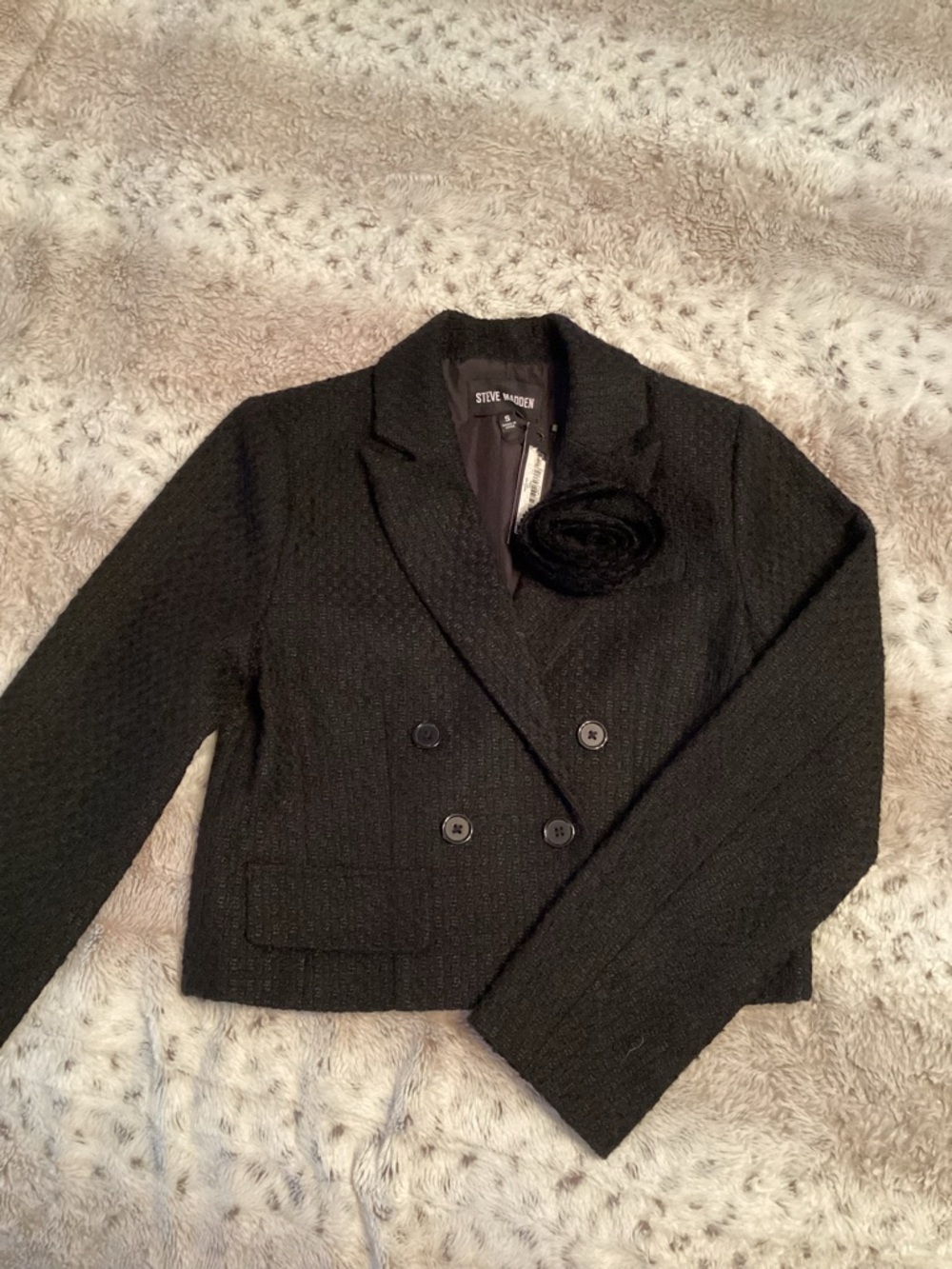 Steve Madden Black Cropped Double-Breasted Blazer with Floral Pin